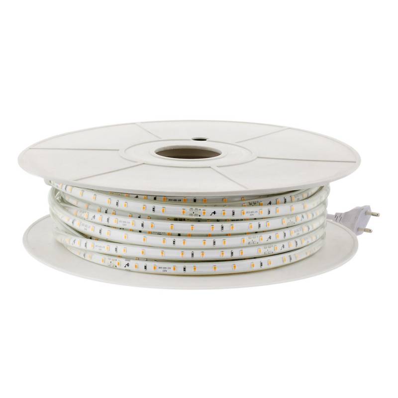 Tira LED 220V SMD2835, 60Led/m, carrete 50 metros con conectores rápidos, 20cm corte, Blanco cálido